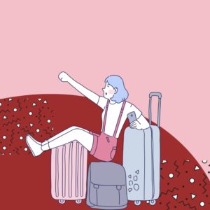 Illustration von einem Mädchen, das sehr lässig auf Koffern sitzt