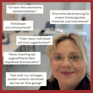 Nina Weniger vor einem Seminarraum voller positiver Feedbacks